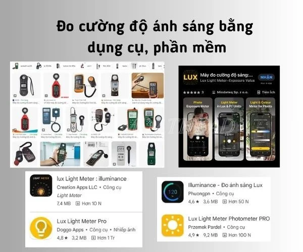 Đo cường độ ánh sáng bằng dụng cụ, phần mềm