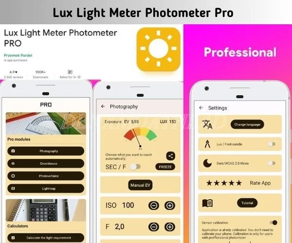 Phần mềm đo ánh sáng Lux Light Meter Photometer Pro